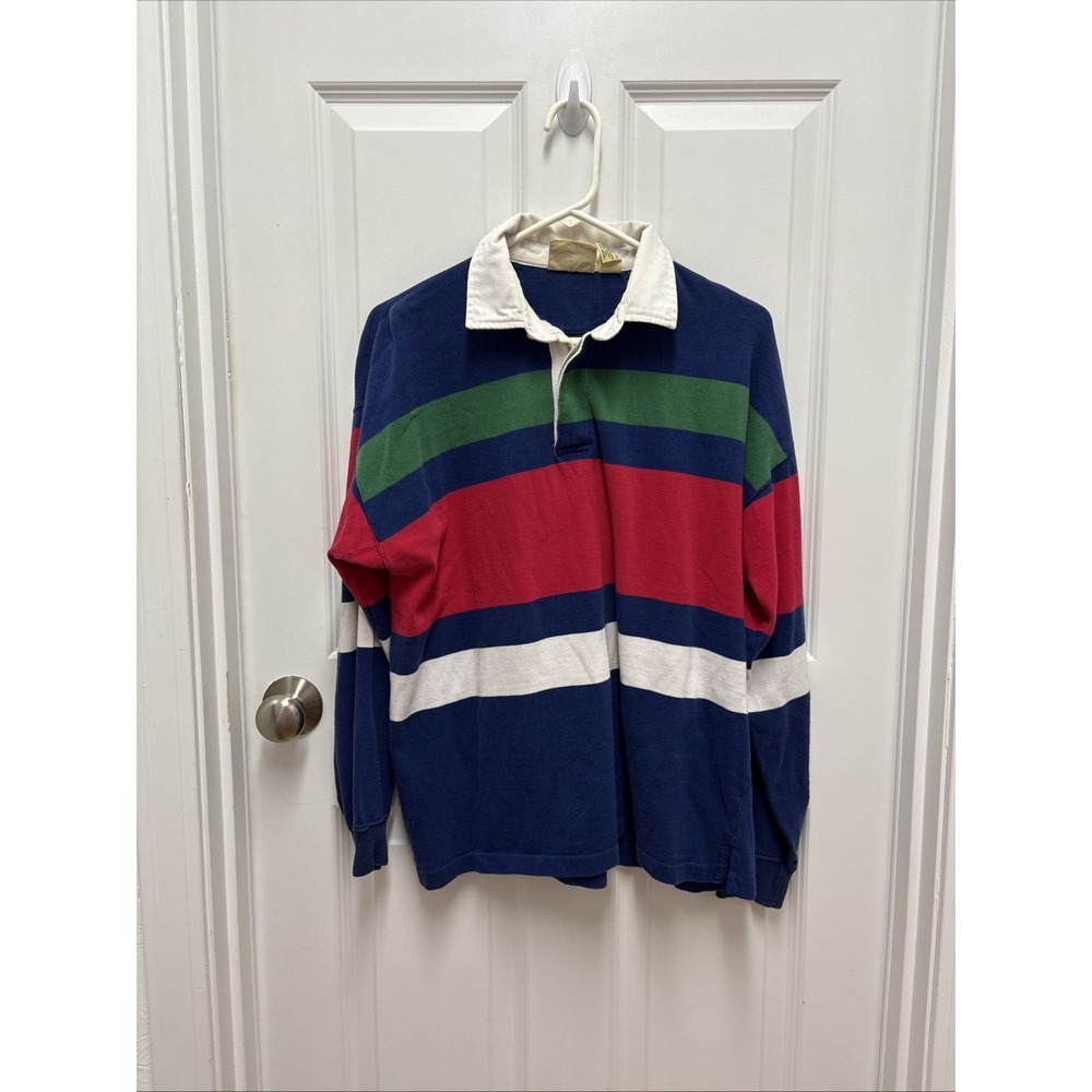 St. John's Bay Rugby‎ Shirt Men's Large Navy Red Green White Striped Long Sleeve